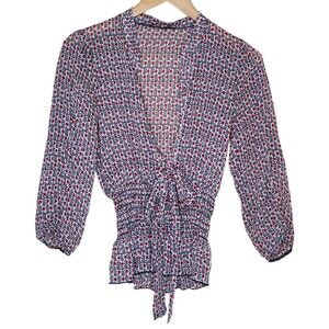 Y2K Sheer Black Red Floral Wrap Blouse Ruched Waist Open Neck Womens Size Medium